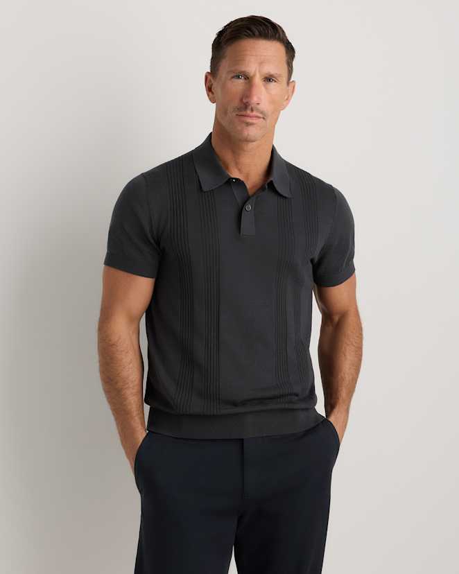 Charcoal Cotton-Silk Ribbed Short Sleeve Sweater Polo