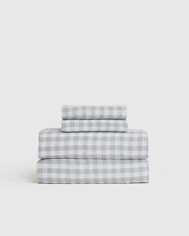 Blue Fog European Linen Gingham Sheet Set
