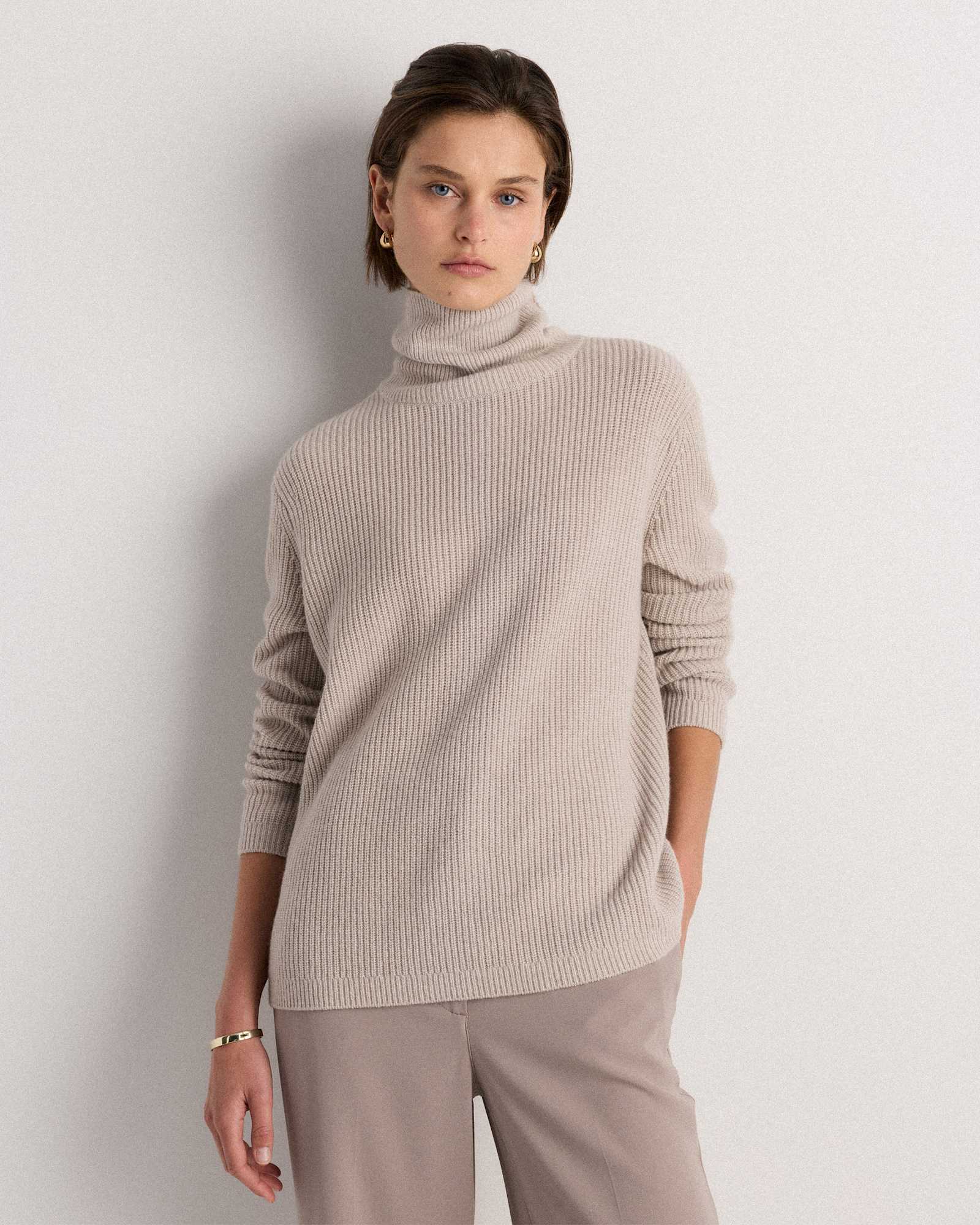Heather Cloud Beige Mongolian Cashmere Fisherman Turtleneck Sweater
