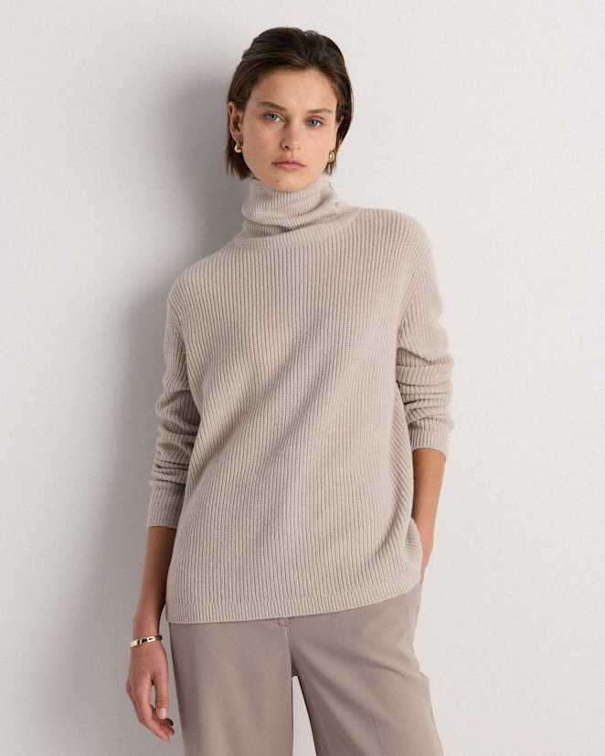 Heather Cloud Beige Mongolian Cashmere Fisherman Turtleneck Sweater