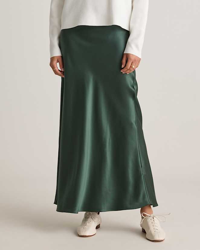 Forest Green 100% Washable Silk Maxi Skirt