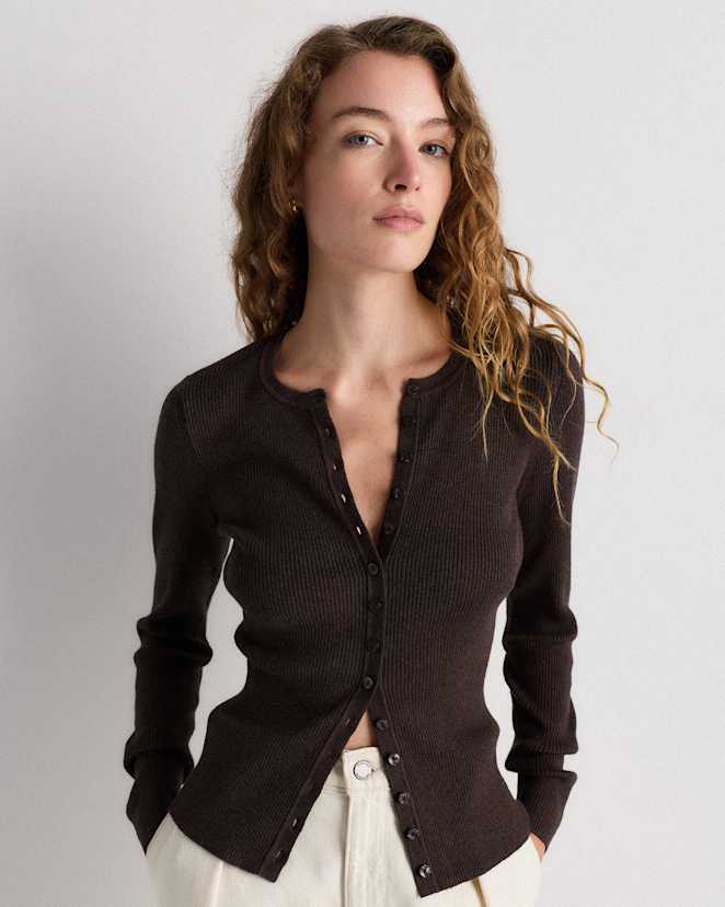 Mocha Heather Cotton Cashmere Fitted Ribbed Cardigan