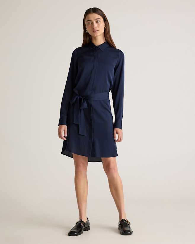 Navy Washable Stretch Silk Shirt Dress
