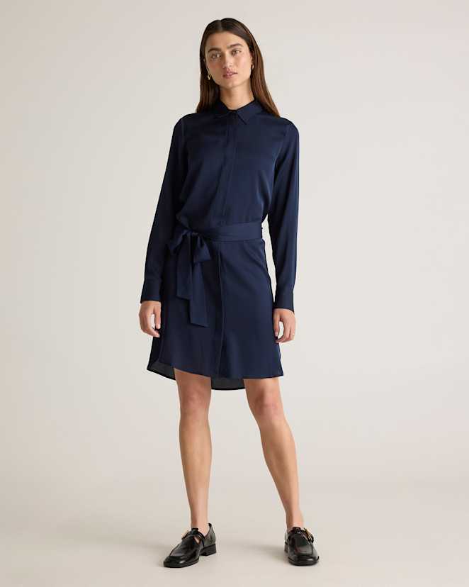 Navy Washable Stretch Silk Shirt Dress