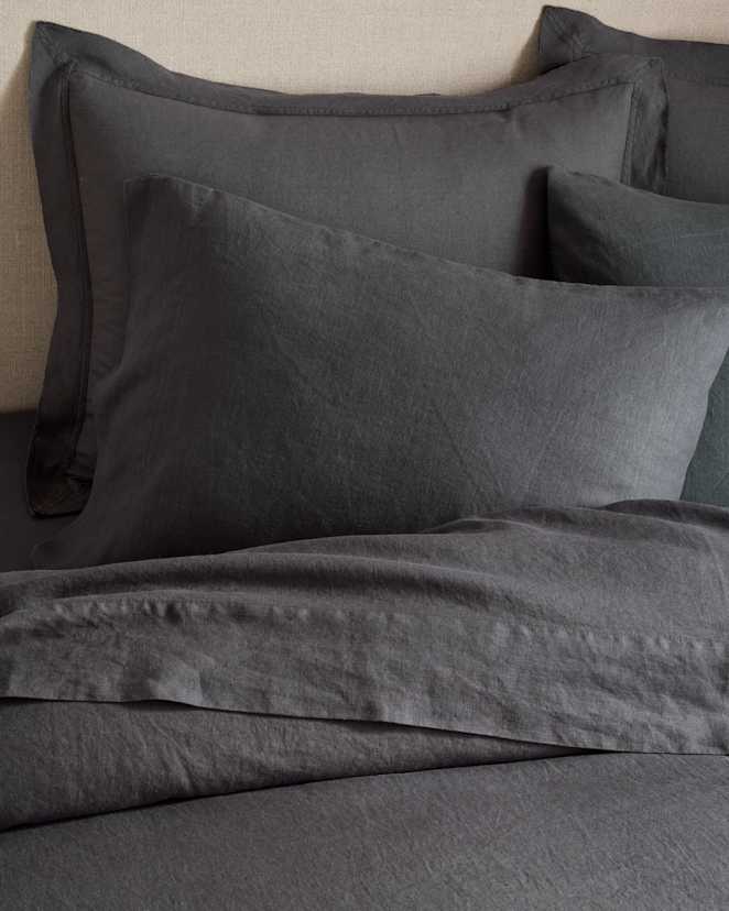 Charcoal European Linen Double Flange Sham Set