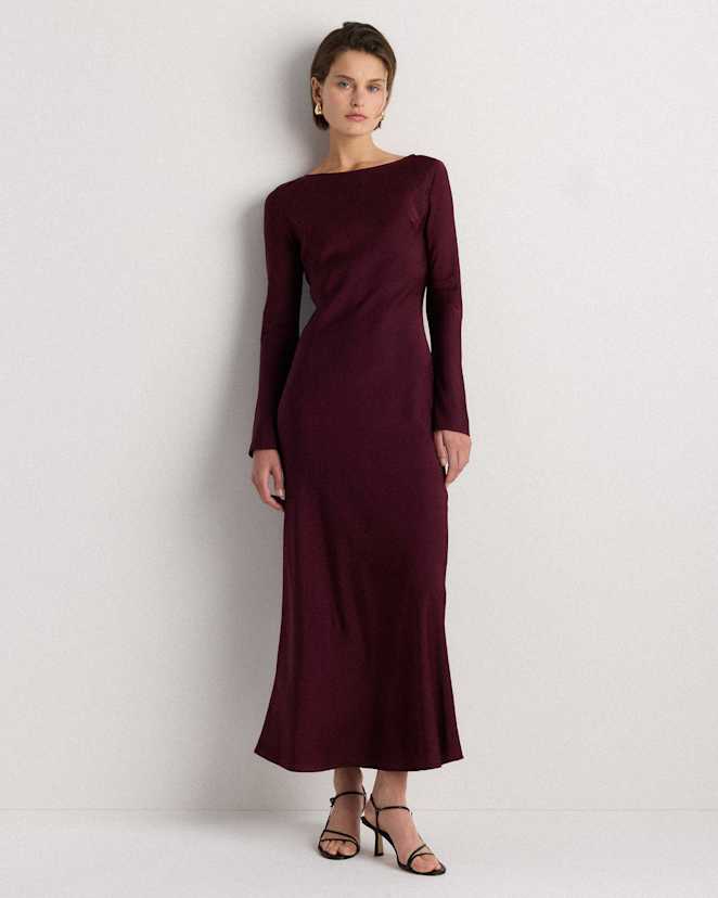 Wine Tasting Red Washable Stretch Silk Long Sleeve Maxi Dress