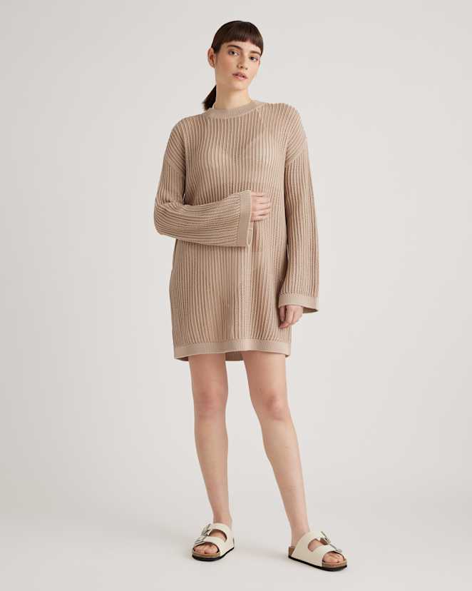 Beige 100% Organic Cotton Open-Knit Long Sleeve Cover-Up Mini Dress