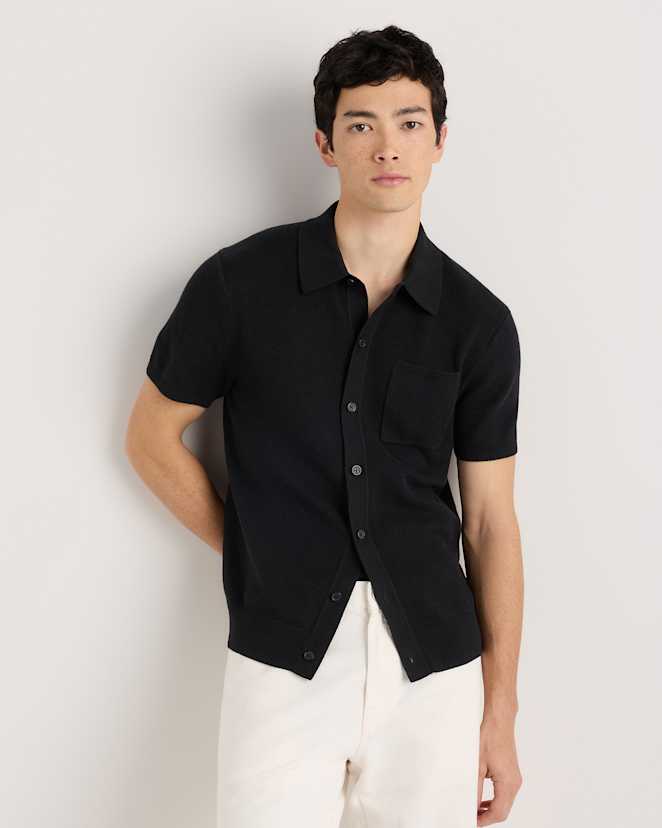 Black 100% Organic Cotton Mesh-Stitch Button-Up Sweater Polo