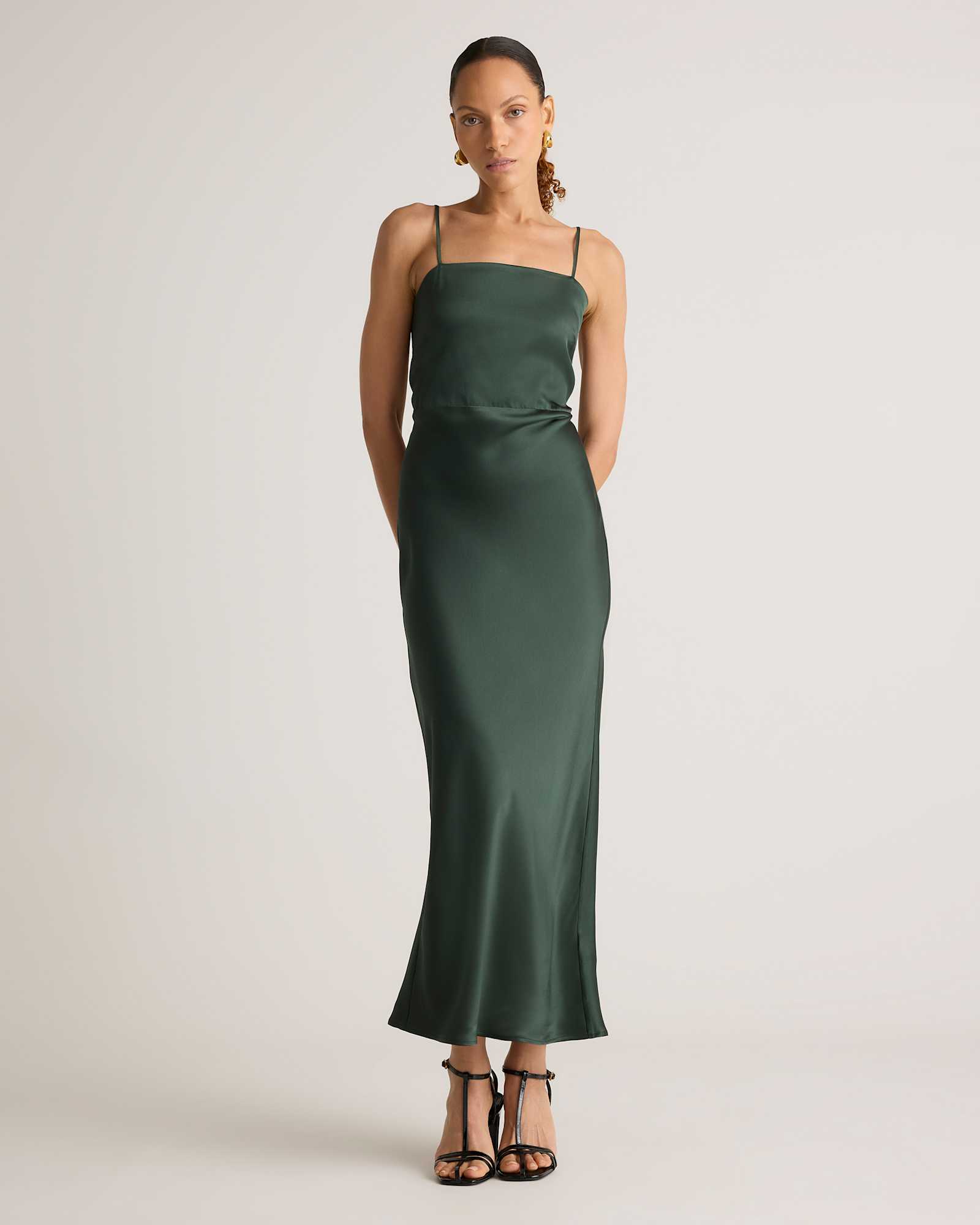 Forest Green 100% Washable Silk Square Neck Maxi Dress