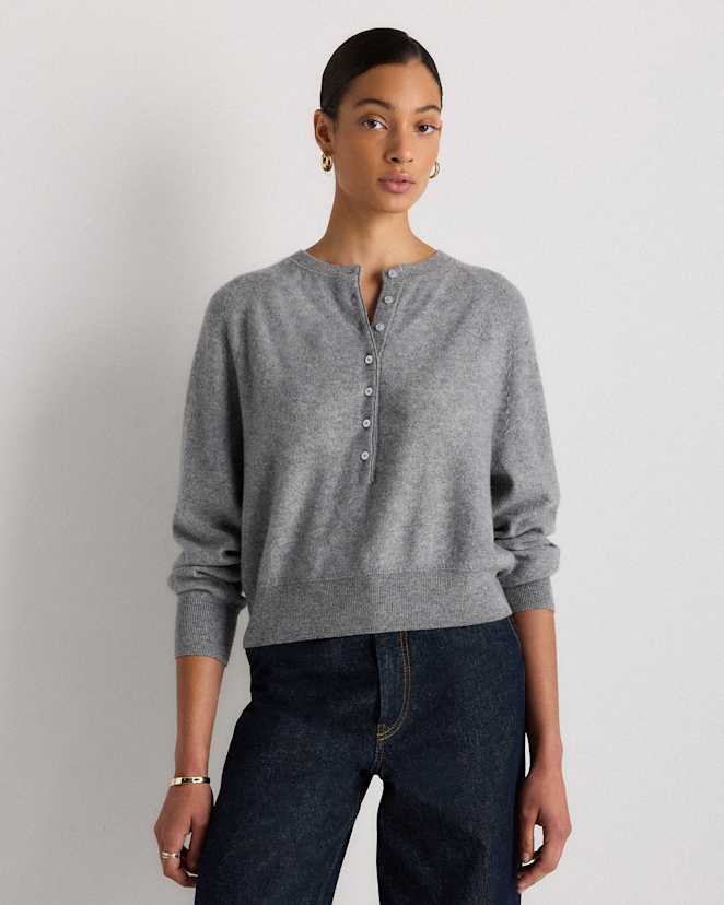 Heather Grey Mongolian Cashmere Dolman Sleeve Henley Sweater