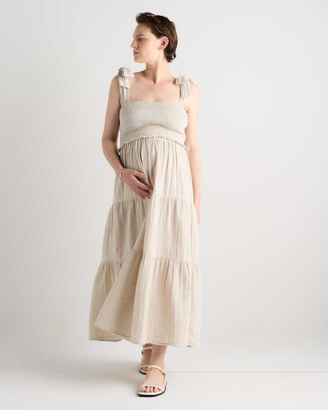 Khaki Gingham 100% Organic Cotton Gauze Smocked Sleeveless Midi Dress