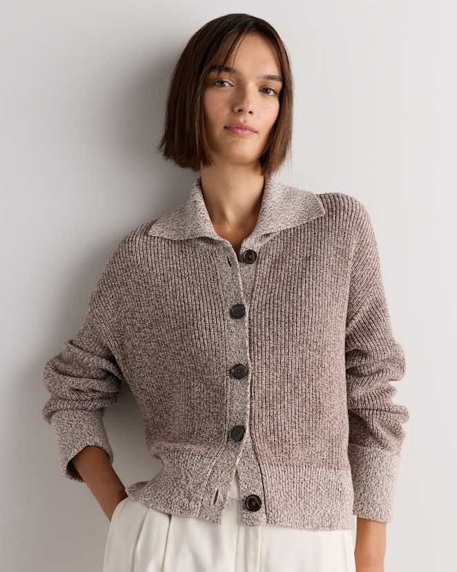 Warm Taupe Marl 100% Organic Cotton Fisherman Collared Cardigan