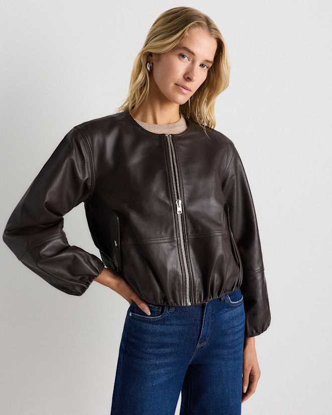 Rich Brown 100% Leather Collarless Cropped Bubble Hem Jacket