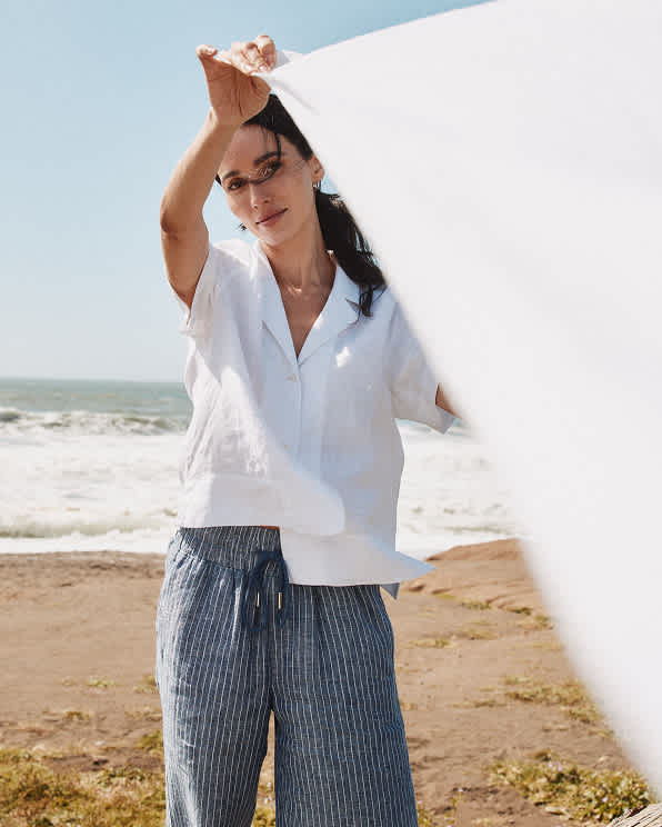 Chambray Stripe 100% European Linen Wide Leg Pants