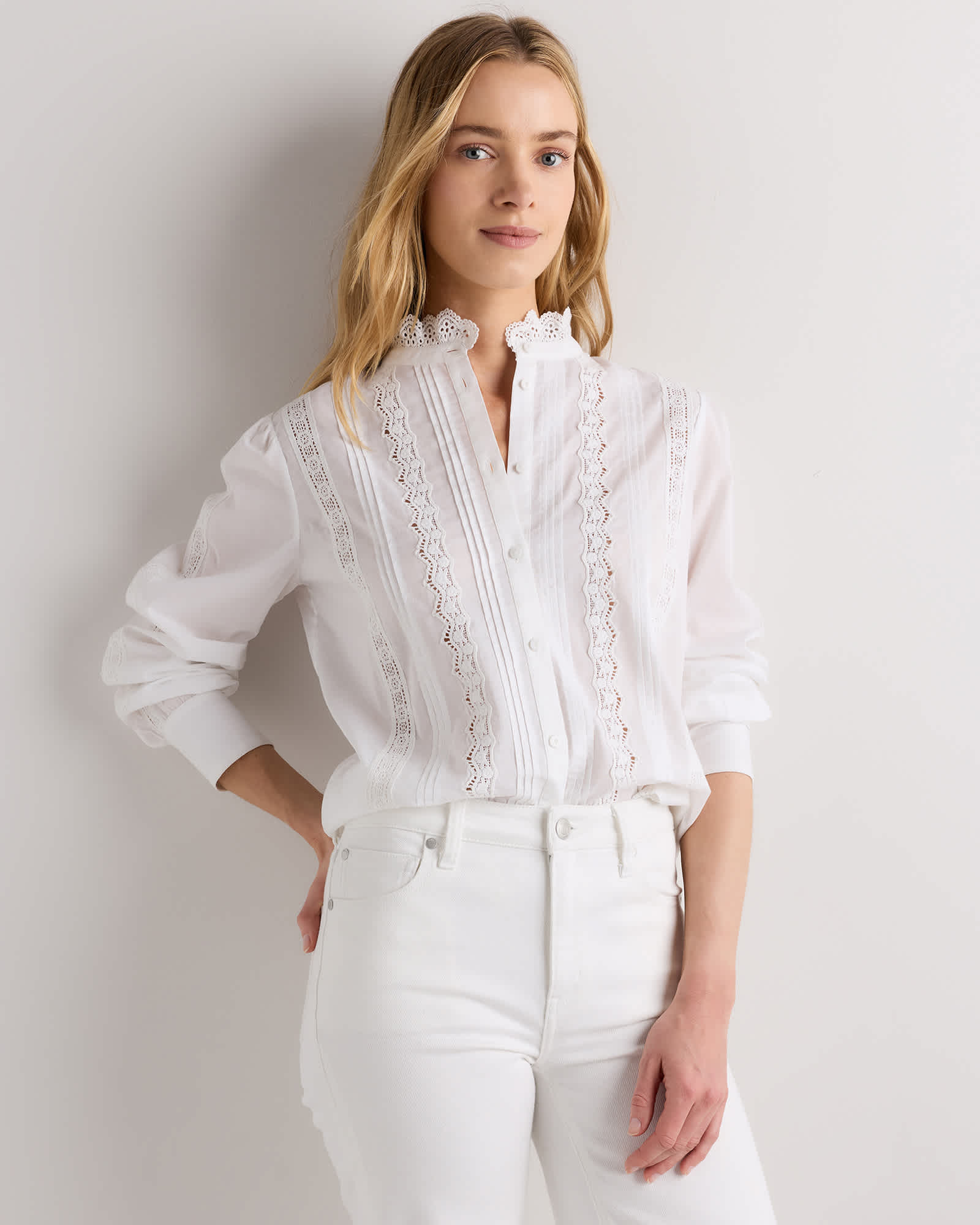 Classic White Organic Cotton Voile Lace Detail Blouse