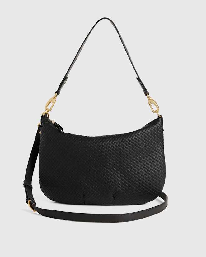 Black Italian Leather Convertible Crescent Handwoven Shoulder Bag