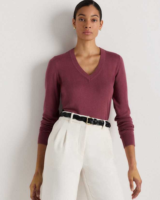 Crushed Berry Purple Lightweight Cotton Cashmere V-Neck Sweater
