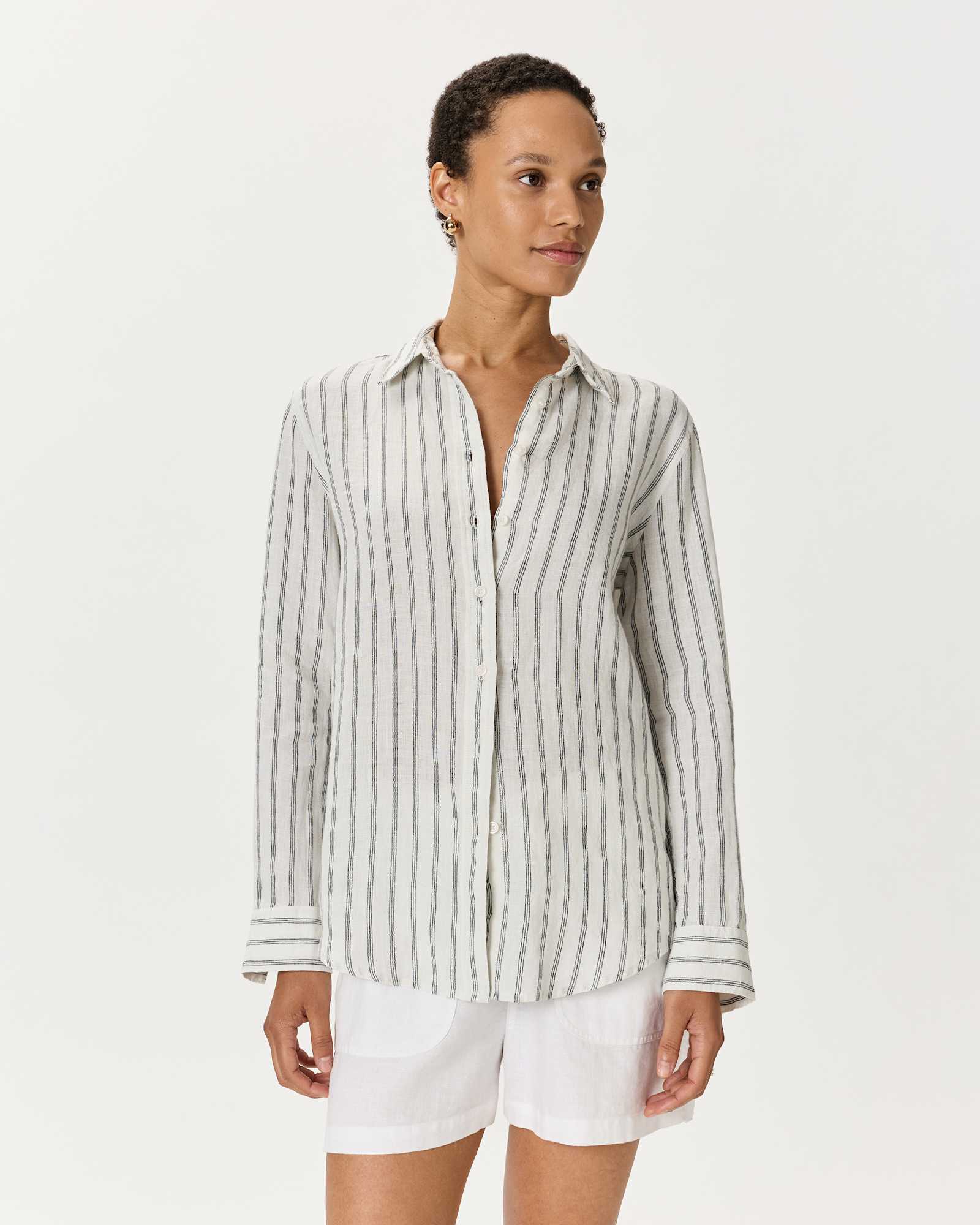 Oatmeal / Black Stripe 100% European Linen Long Sleeve Shirt
