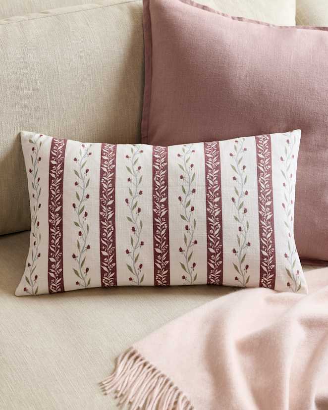 Red Stripe Floral Vine Cotton Pillow Cover