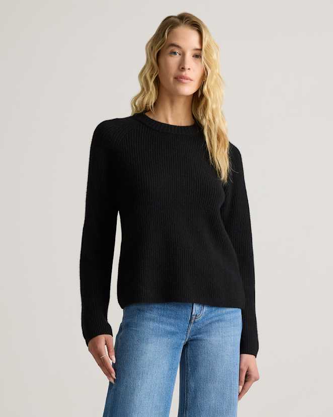 Black Mongolian Cashmere Fisherman Crewneck Sweater
