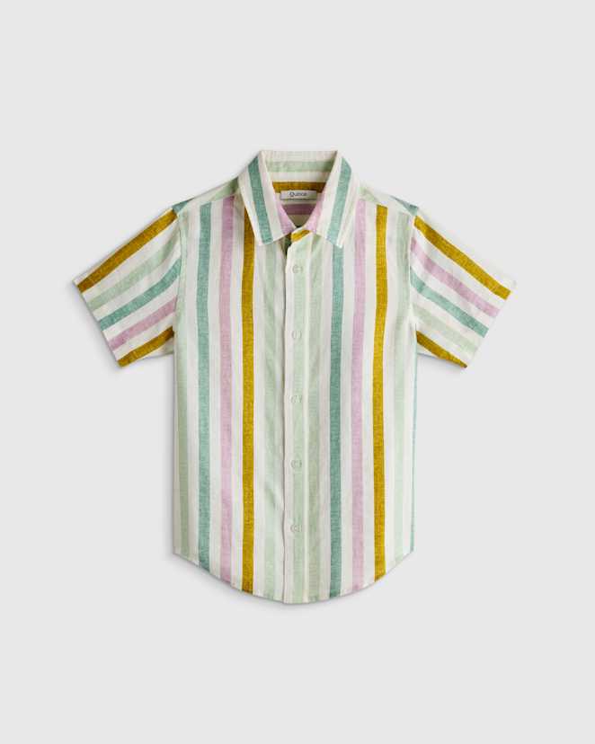 Multi Vertical Stripe 100% European Linen Printed Short Sleeve Shirt