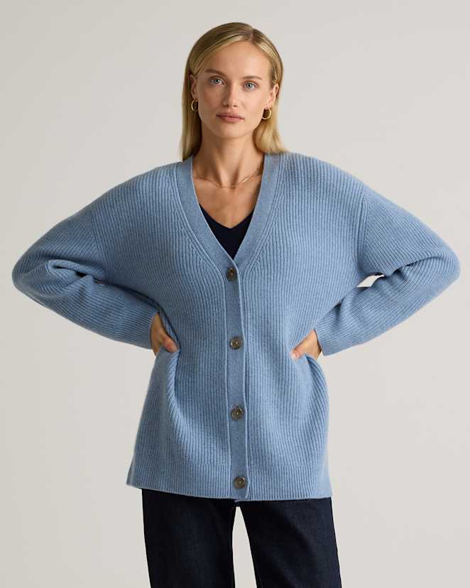 Faded Denim Mongolian Cashmere Oversized Boyfriend Cardigan Sweater
