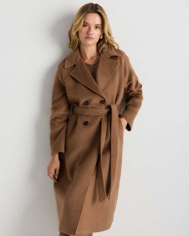 Mocha Brown Camel Hair Double-Breasted Long Wrap Coat