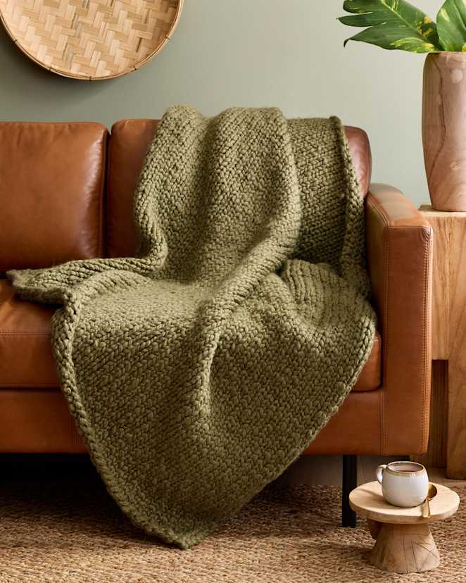 Olive Chunky Hand Knit Wool Throw