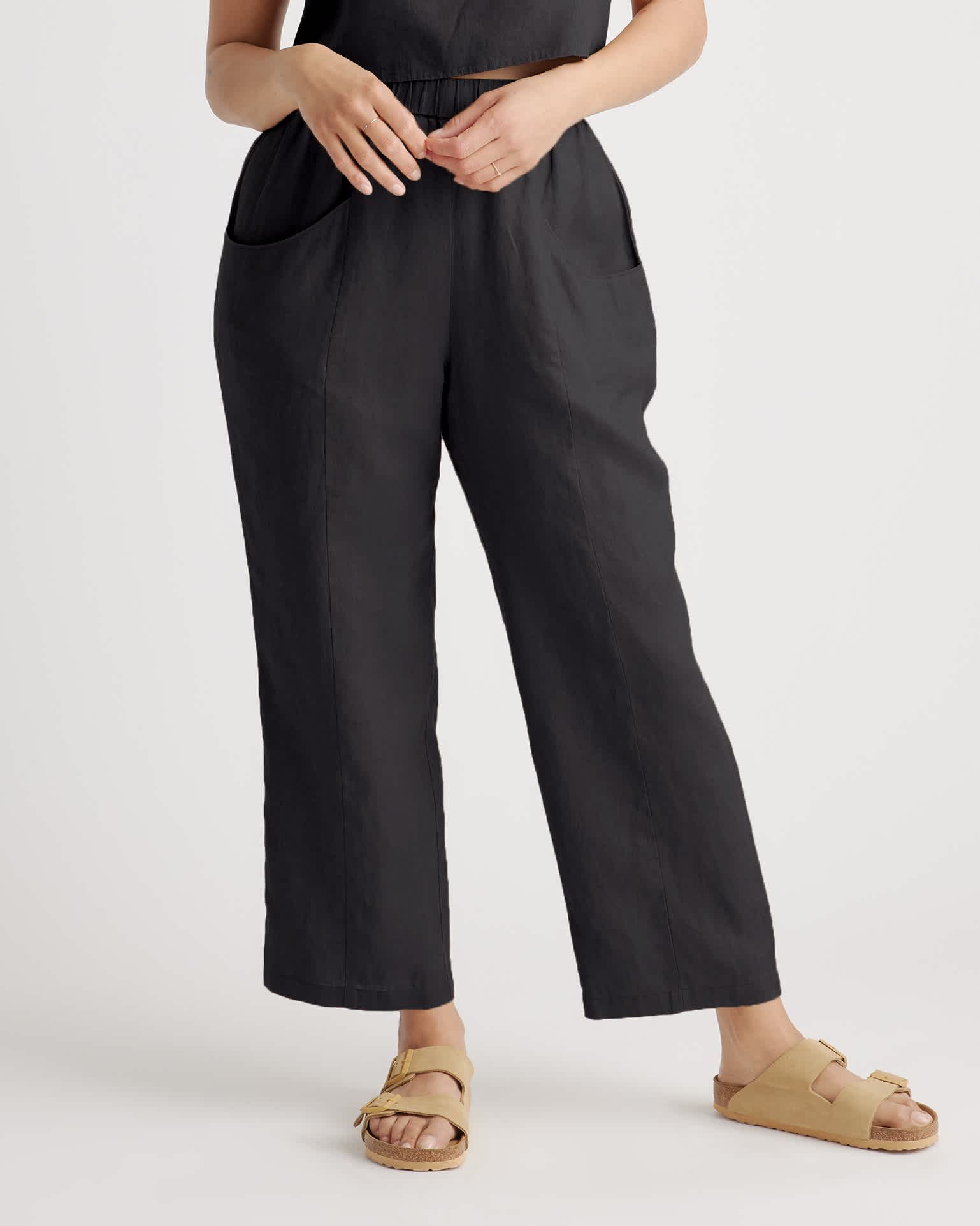 black 100% European Linen Tapered Ankle Pants