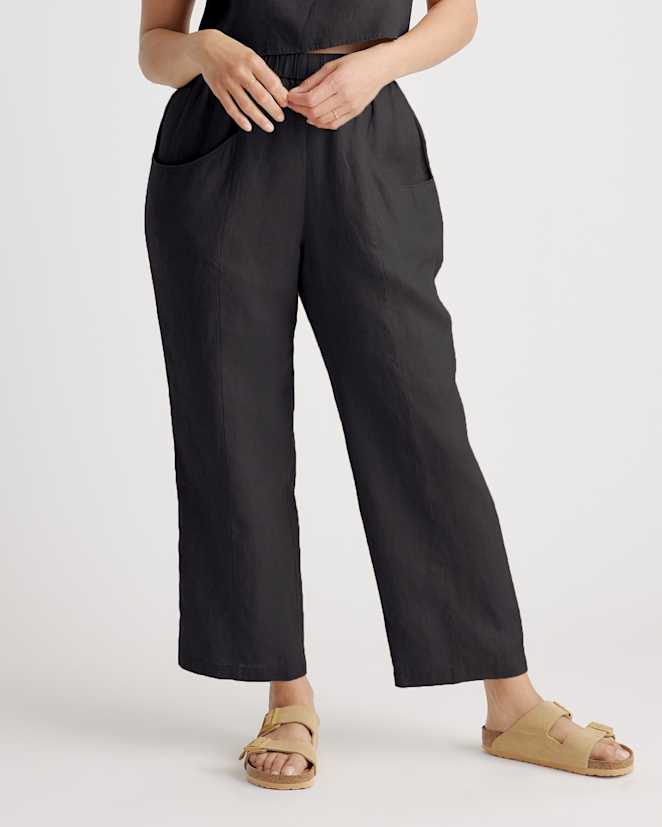 Black 100% European Linen Tapered Ankle Pants