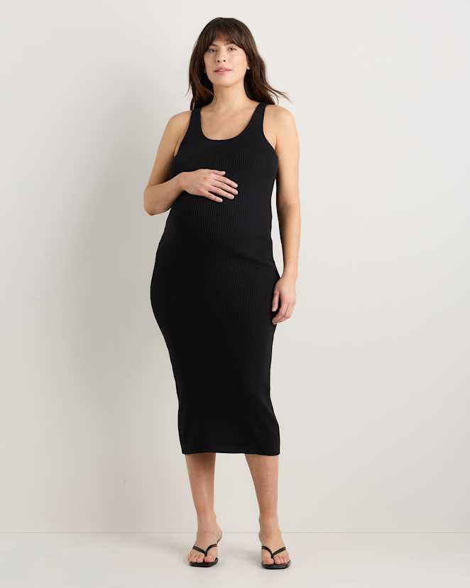 Black Cotton Cashmere Maternity Fitted Midi Dress