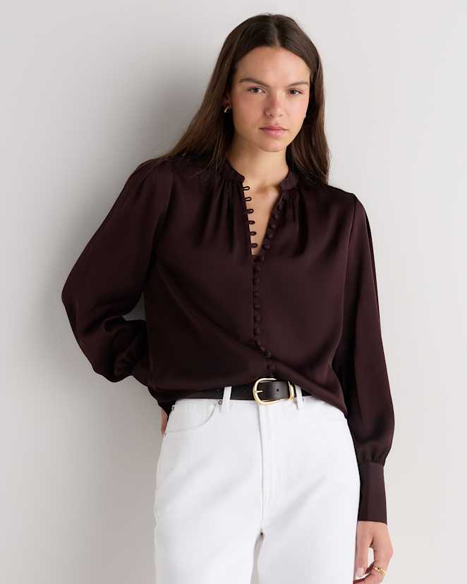 Chocolate Plum Brown Washable Stretch Silk Peasant Blouse