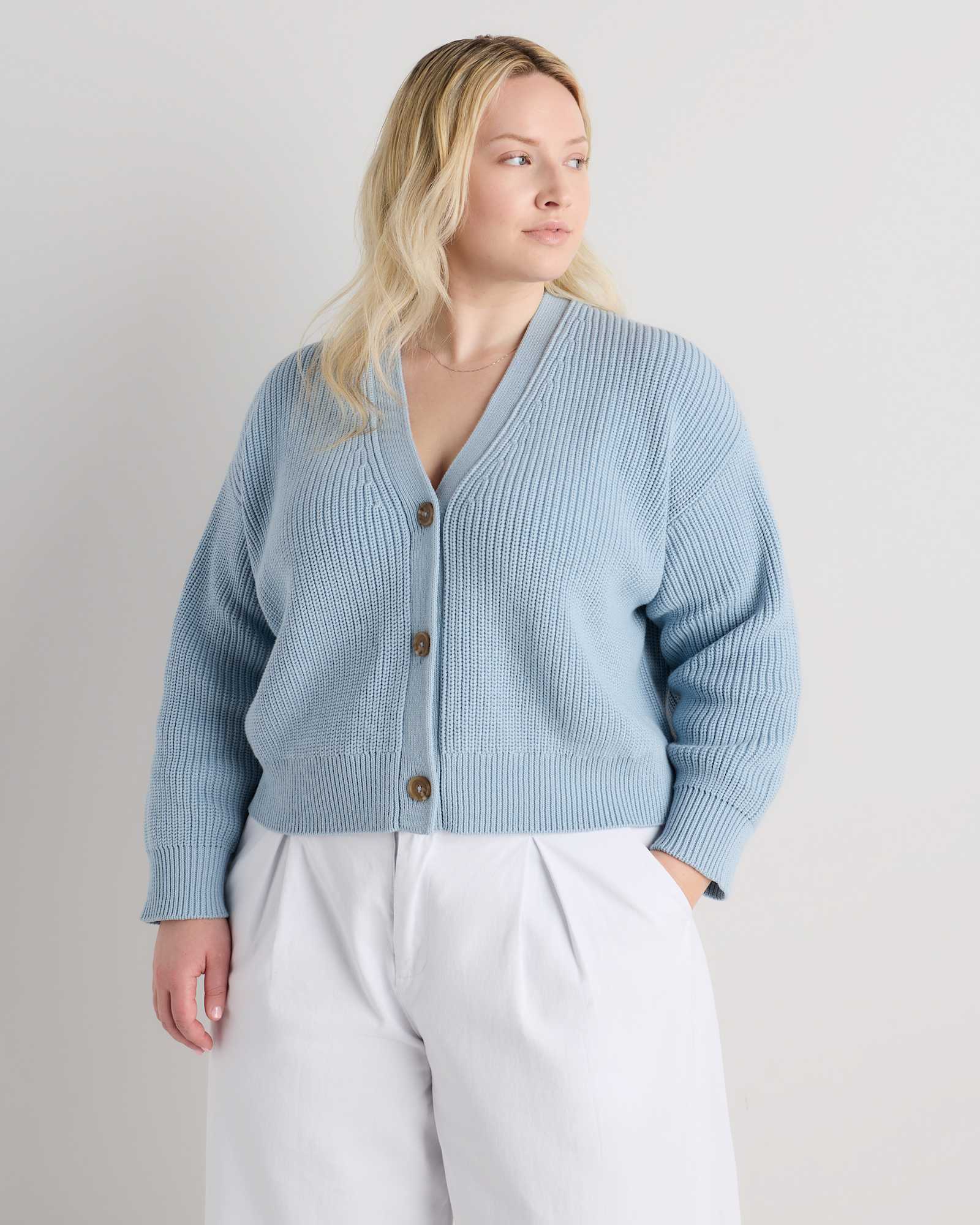 Sky Blue 100% Organic Cotton Fisherman Boxy Cropped Cardigan