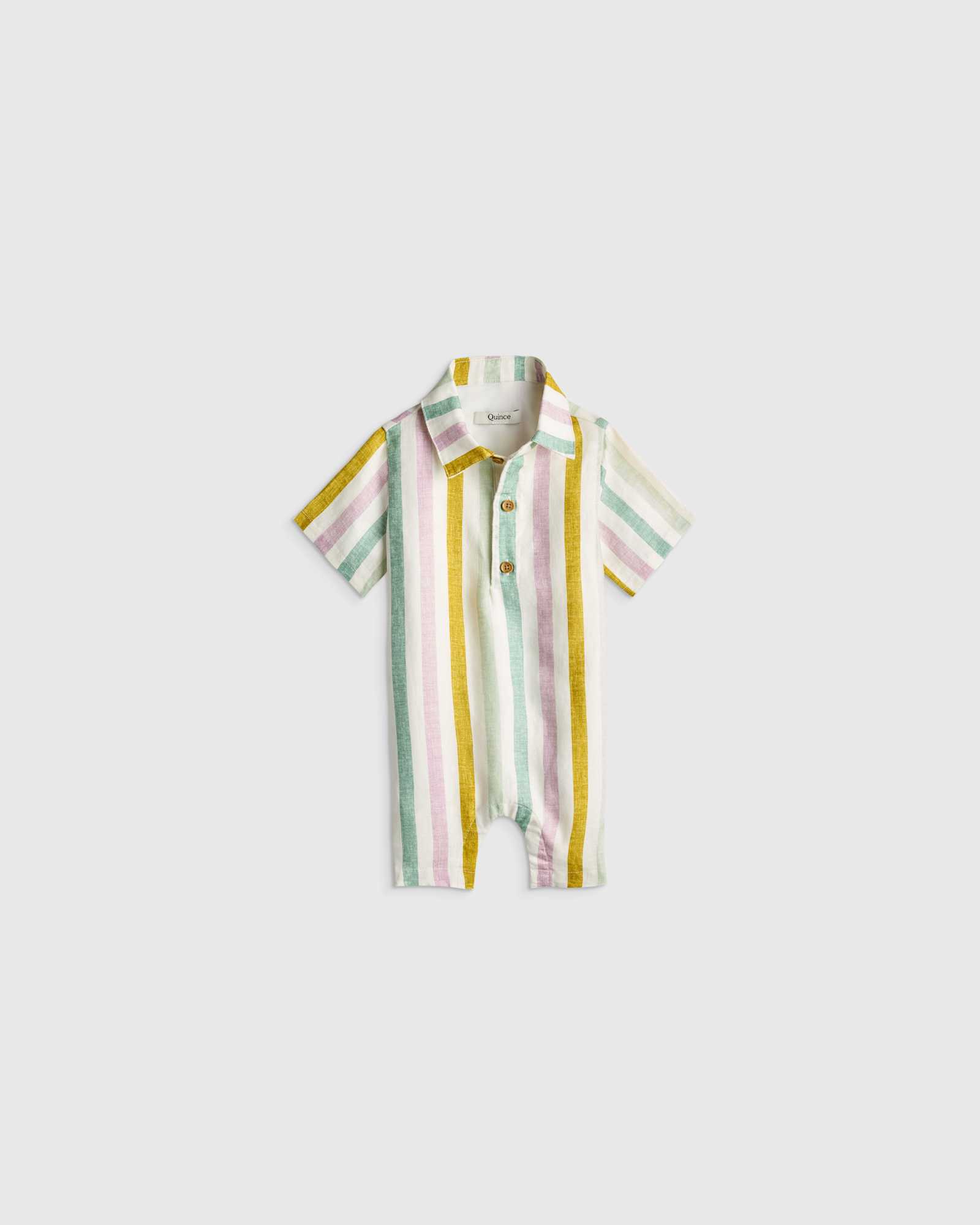 Multi Vertical Stripe Barboteuse en lin à boutons pour bébé