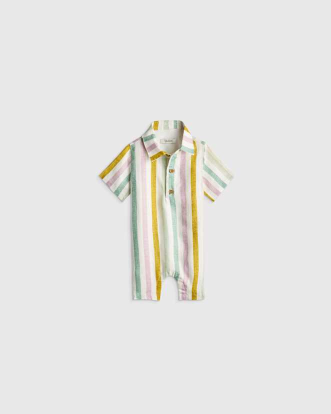 Multi Vertical Stripe 100% Linen Button Front Romper