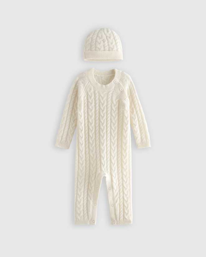 Ivory Washable Cashmere Cable One Piece & Hat Set