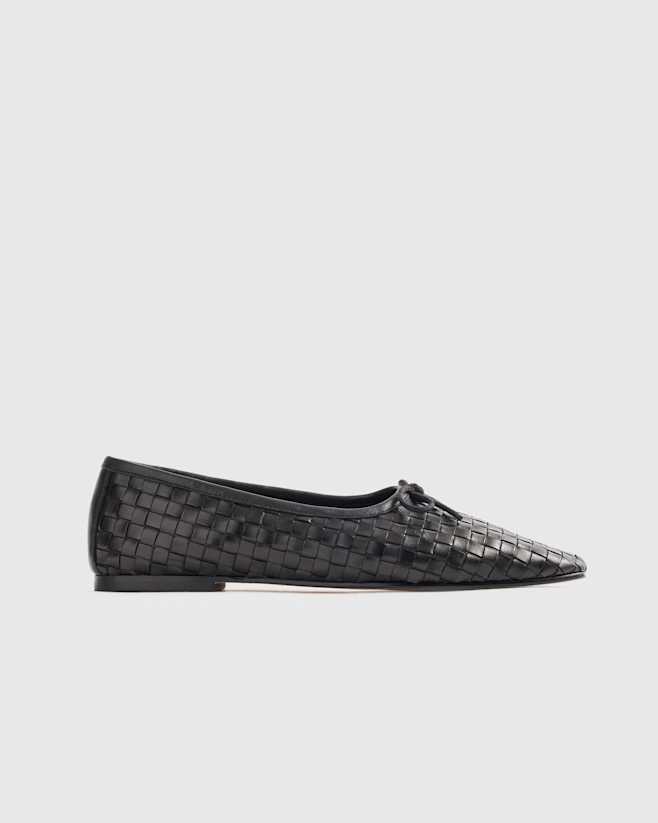 Black Italian Leather Handwoven Square Toe Ballet Flat