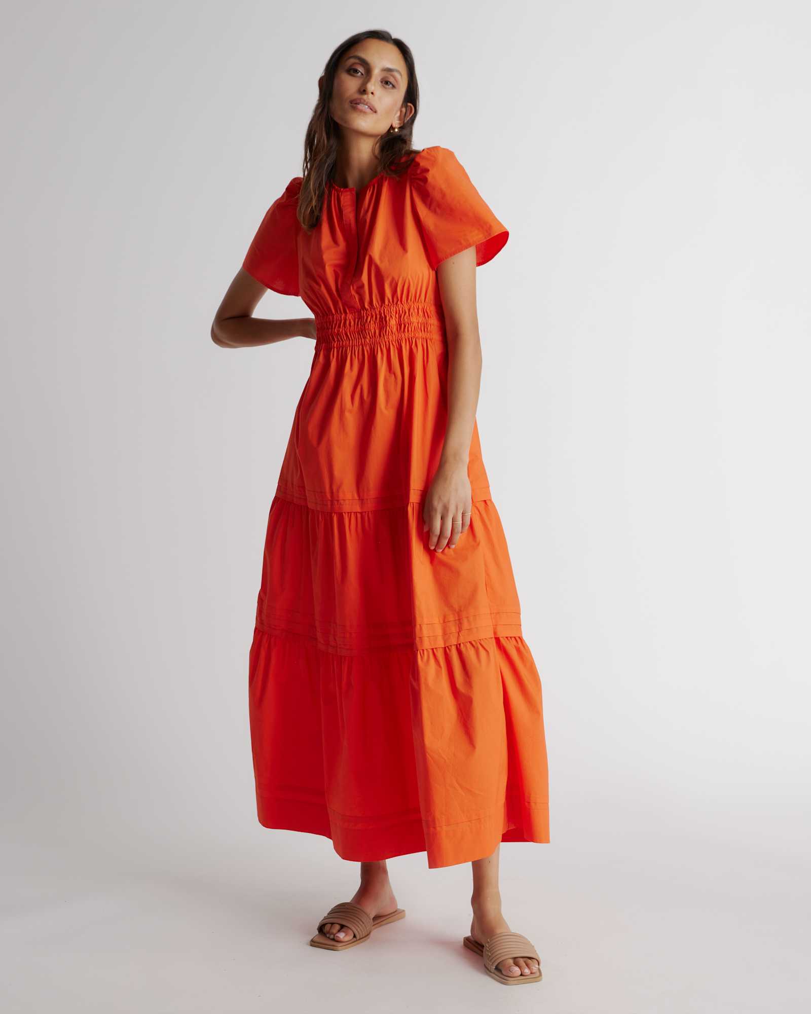 vermilion-red 100% Organic Cotton Poplin Tiered Maxi Dress