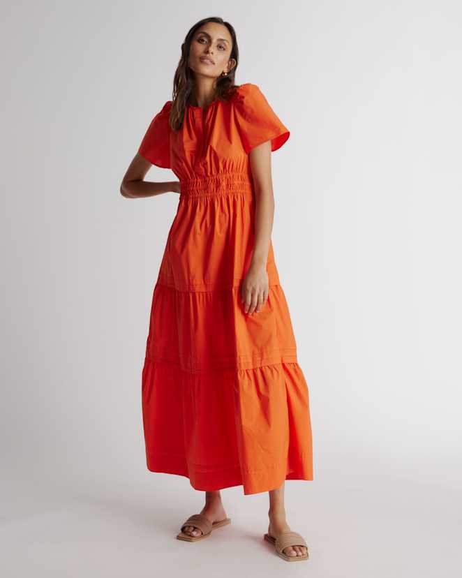 Vermilion Red 100% Organic Cotton Poplin Tiered Maxi Dress