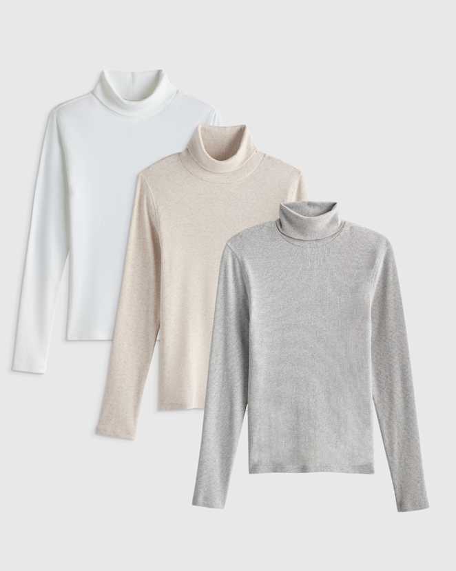 Soft White Lot de 3 pulls à col roulé en coton biologique à micro-côtes