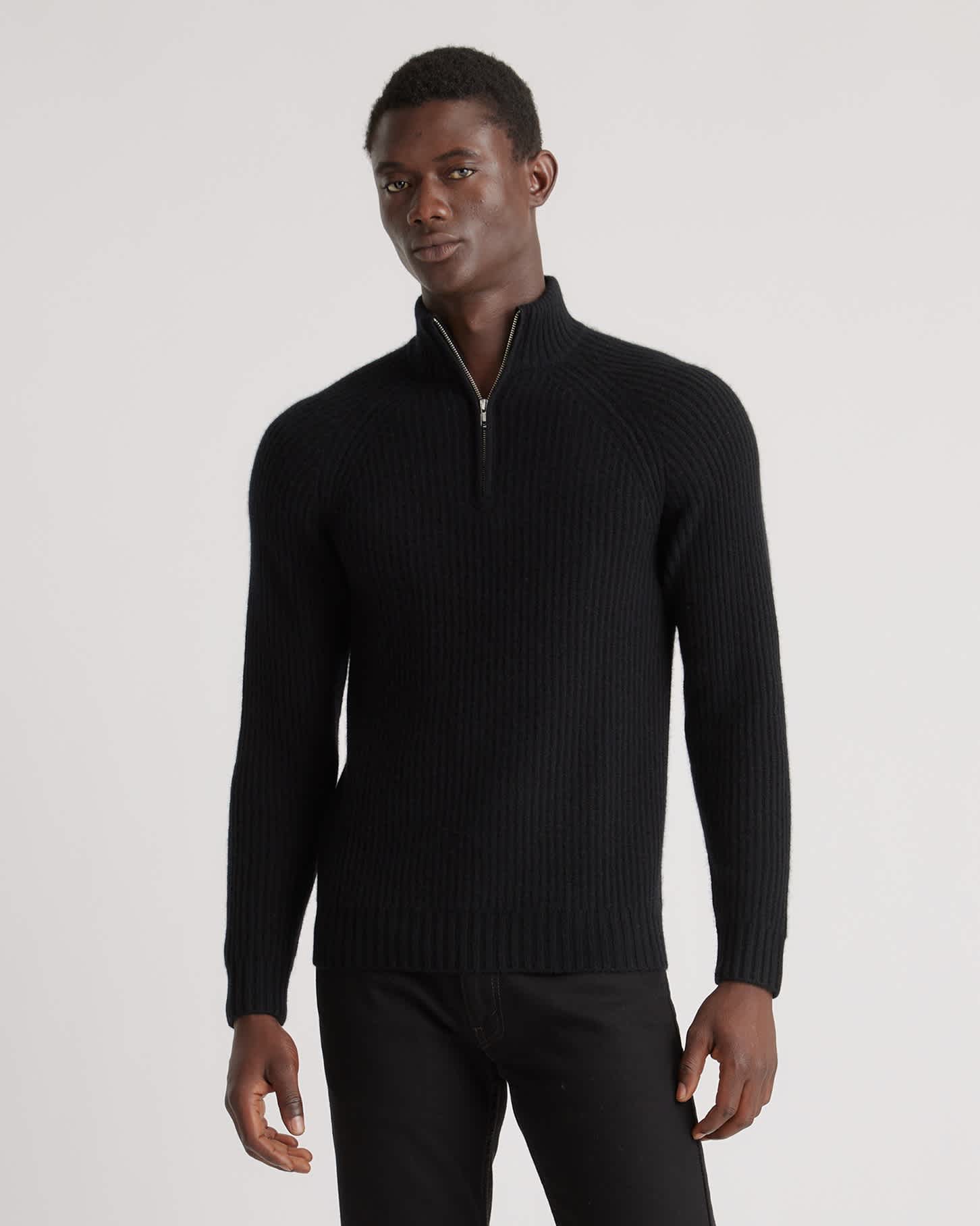 black Mongolian Cashmere Fisherman Quarter Zip Sweater