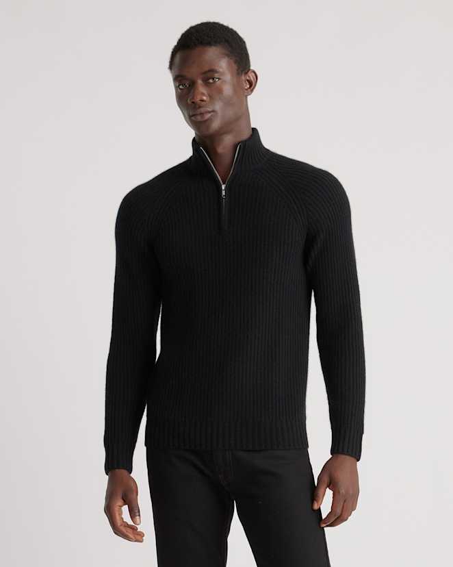Black Mongolian Cashmere Fisherman Quarter Zip Sweater