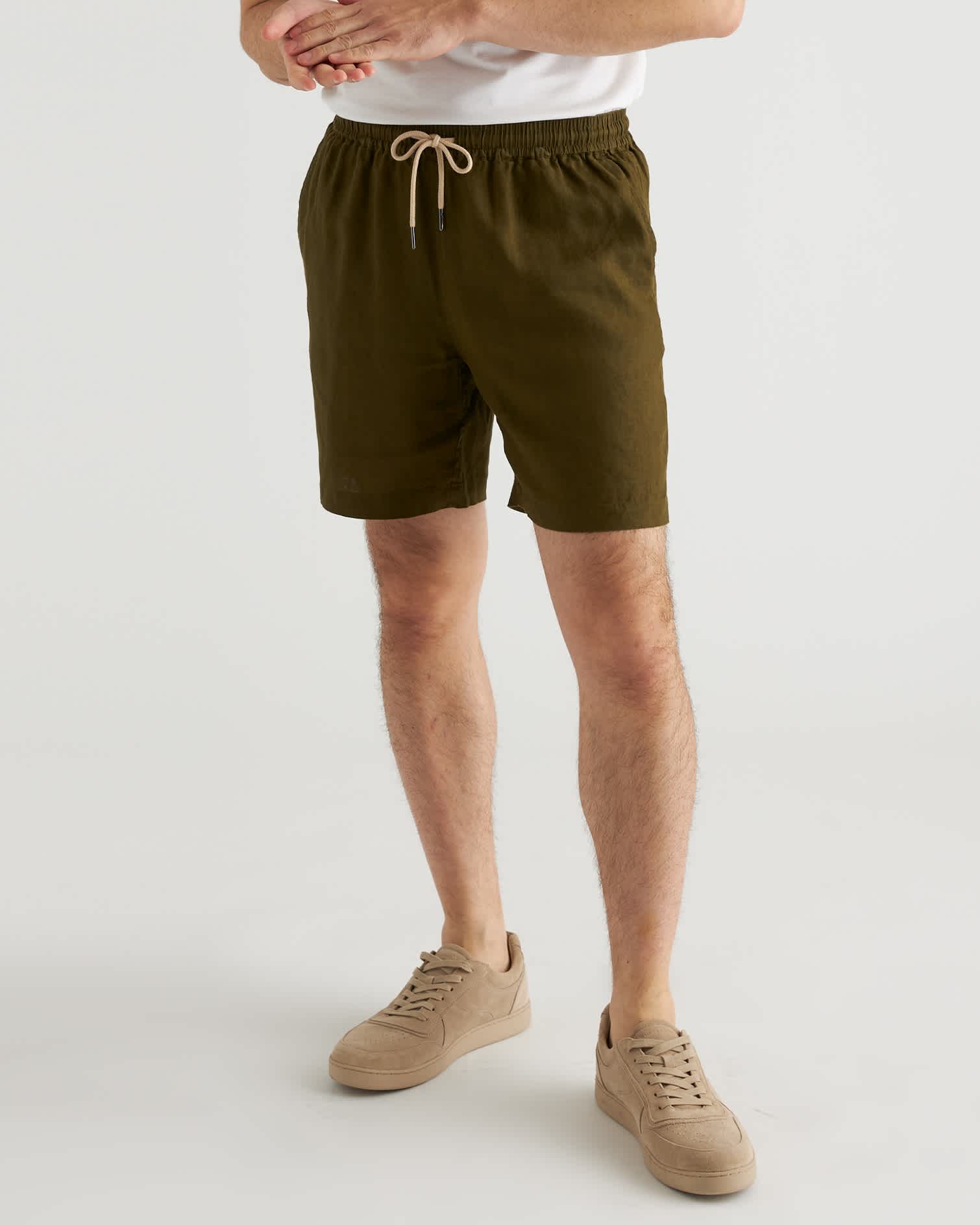 martini-olive 100% European Linen Drawstring Beach Shorts - 7"
