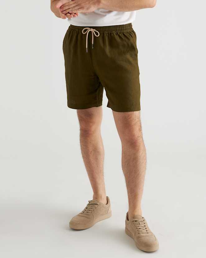 Martini Olive 100% European Linen Drawstring Beach Shorts - 7"