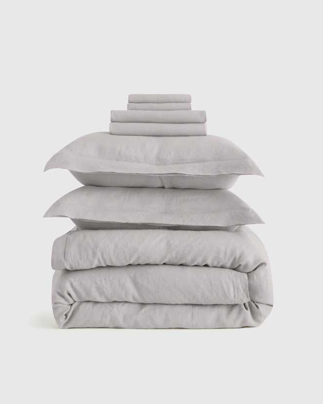Light Grey European Linen Double Flange Deluxe Bedding Bundle