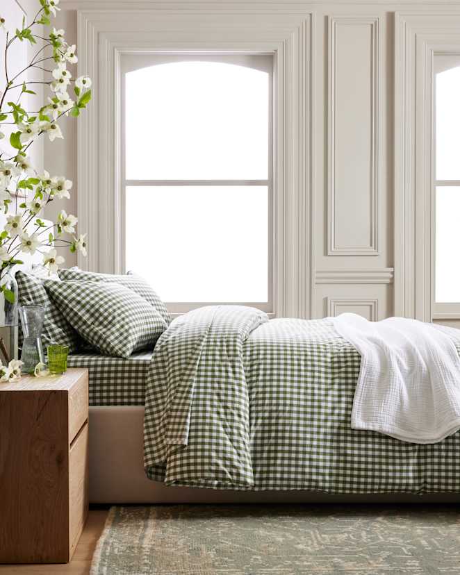 Olive Gingham Classic Organic Percale Duvet Cover