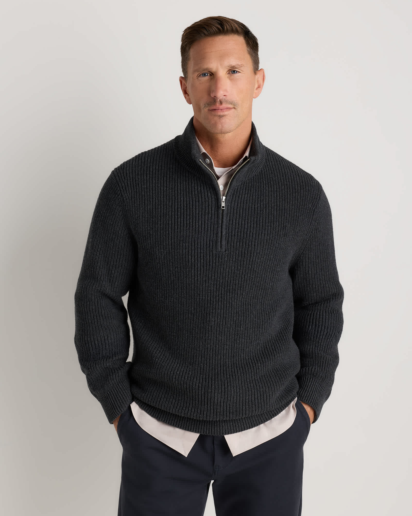 Charcoal 100% Organic Cotton Ribbed Quarter-Zip Sweater