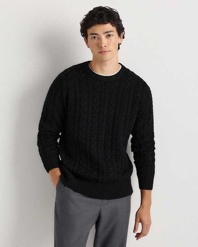 Black Australian Merino Wool Cable Crewneck Sweater