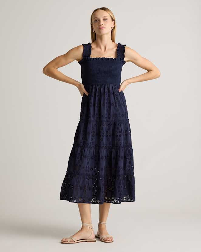 Navy 100% Organic Cotton Eyelet Smocked Midi Dress