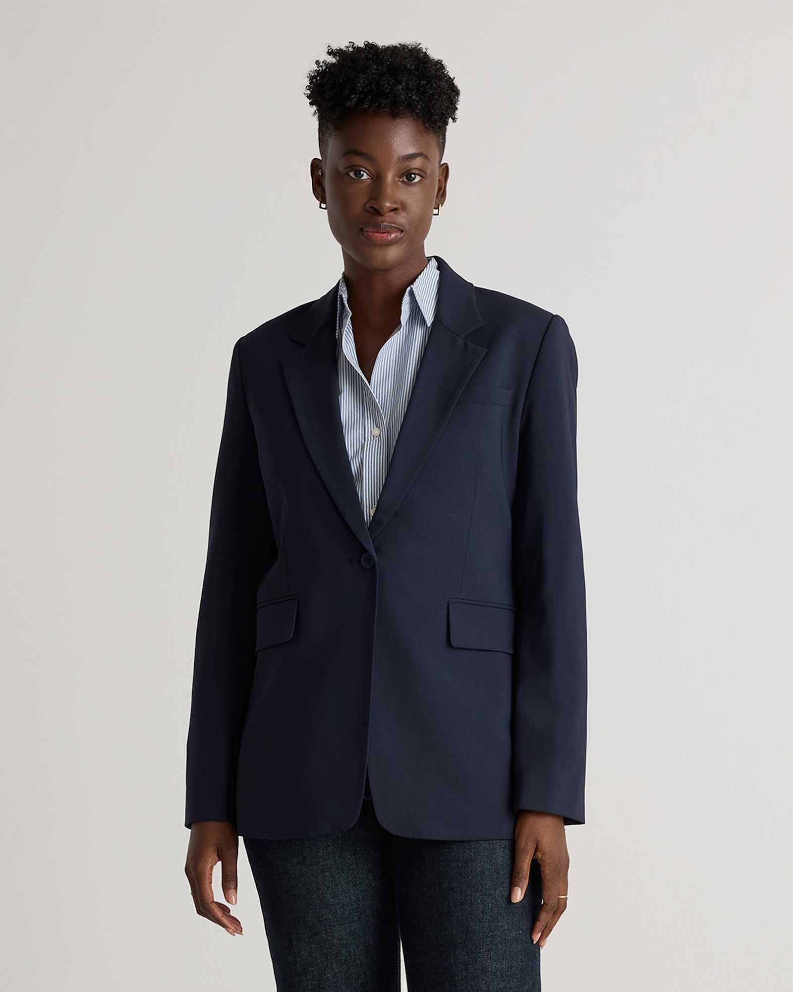 navy Italian Wool Long Blazer